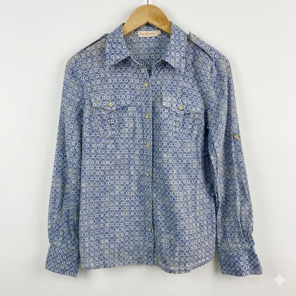 Tory Burch Blue Geometric Tile Print‎ Roll Tab Utility Shirt Size 8